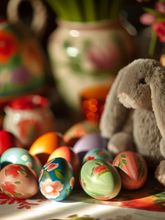 DALL·E 2024-03-21 15.54.14 - A beautifully decorated Easter table, featuring intricately painted eggs in various colors and patterns, along with soft, plush bunny rabbits scattere