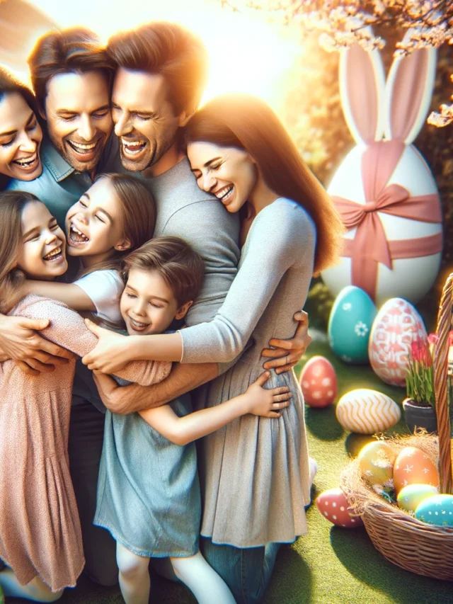 DALL·E 2024-03-21 16.04.34 - A highly realistic image of a family embracing each other during Easter. The setting is outdoors during the day, with a bright and cheerful atmosphere