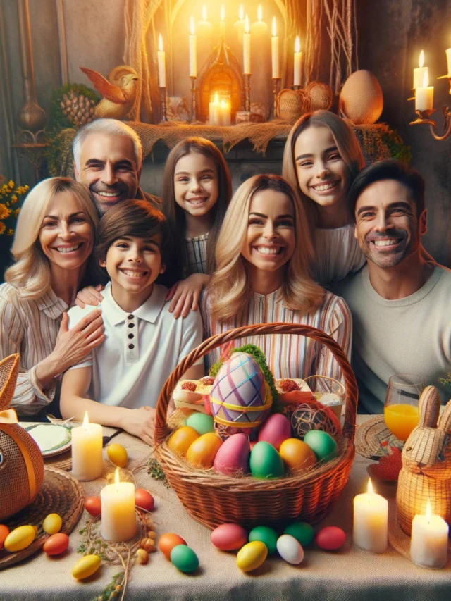 DALL·E 2024-03-21 16.09.14 - Uma família unida celebrando a Páscoa em um ambiente acolhedor. A imagem mostra a família reunida ao redor de uma mesa bem decorada com elementos típi