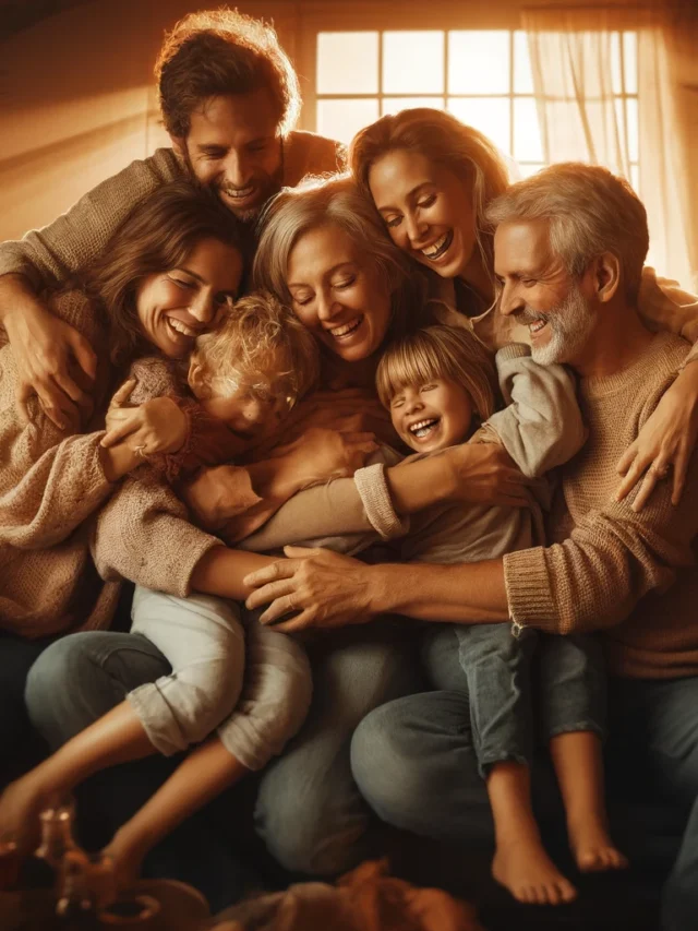 DALL·E 2024-04-01 15.02.04 - Imagine uma cena calorosa e acolhedora de uma família reunida em um abraço, expressando união e conexão. A imagem capta o momento em um ambiente aconc