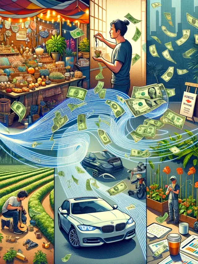 DALL·E 2024-04-02 17.13.19 - A highly detailed and realistic illustration representing 8 legitimate ways to quickly make money, featuring a collage that includes_ 1. A person sell