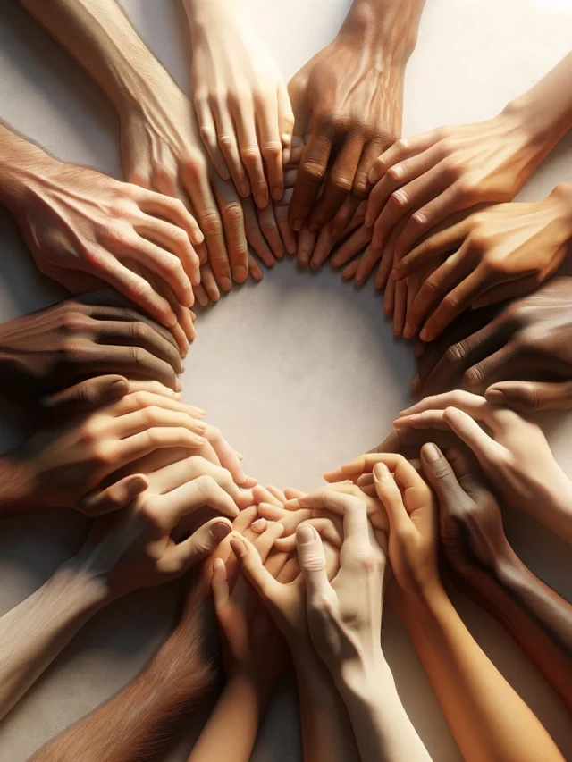 DALL·E 2024-04-11 17.10.32 - A realistic depiction of hands entwined in a circle, symbolizing family connection. The image shows diverse hands of various skin tones, ages, and siz