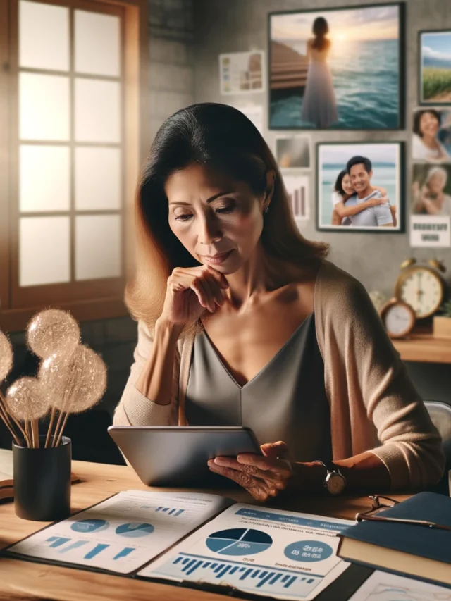 DALL·E 2024-04-19 15.19.21 - A realistic and inspirational image depicting a person engaging in financial planning to achieve their dreams. The scene shows a middle-aged Asian wom