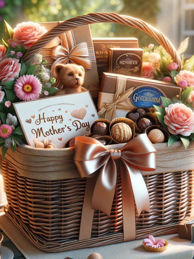 DALL·E 2024-04-26 16.27.31 - A realistic and detailed depiction of a Mother's Day gift basket. The basket is elegantly woven from wicker and filled with a variety of items to cele