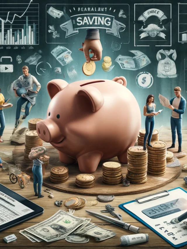 DALL·E 2024-04-29 16.52.18 - A highly detailed and realistic illustration representing various ways to save money. The scene includes a large piggy bank in the center, surrounded