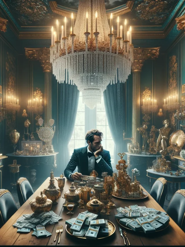 DALL·E 2024-04-29 16.54.05 - A visual metaphor depicting the concept that 'money doesn't bring happiness'. The scene includes a lavish dining room with opulent gold and silver dec