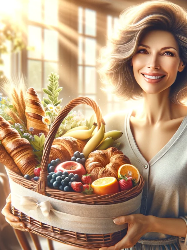 DALL·E 2024-05-03 12.01.00 - A realistic and sensational image of a Mother's Day breakfast basket. The scene features a mother, with a joyful expression, holding a beautifully arr