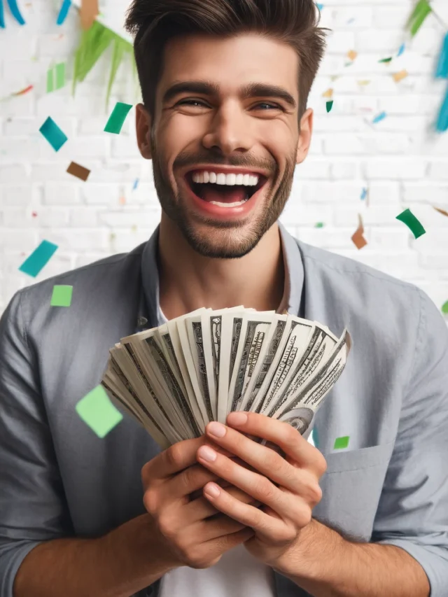 DALL·E 2024-05-28 15.17.38 - A person with a big smile, holding a handful of cash in both hands, looking very happy and excited. The background is bright and cheerful, with a hint