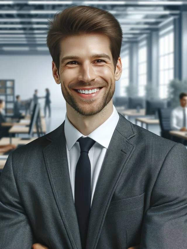 DALL·E 2024-06-03 14.41.52 - A realistic and high-quality image of a happy man in a corporate office environment. The man is smiling, wearing business attire, and standing confide