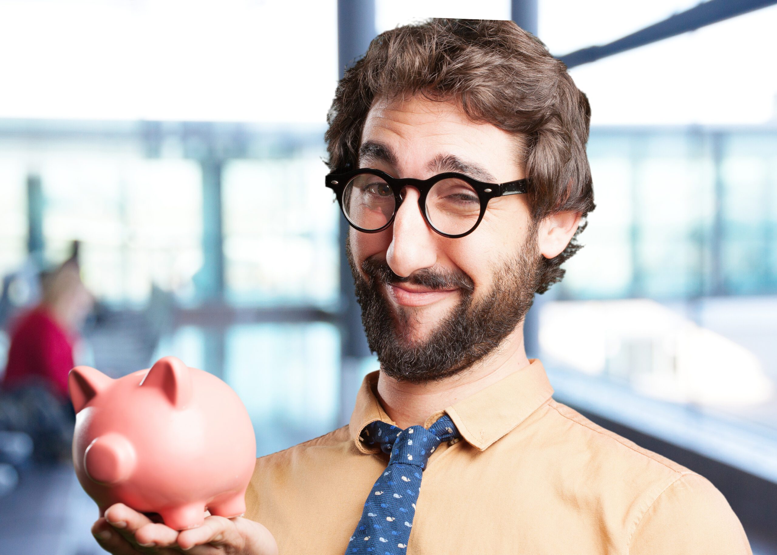 crazy man with piggy bank.funny expression